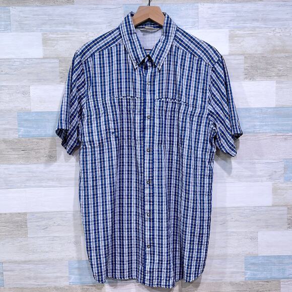 ExOfficio Short Sleeve Ventilated Hiking Shirt Blue Plaid Snap Button Mens XL - Picture 1 of 6
